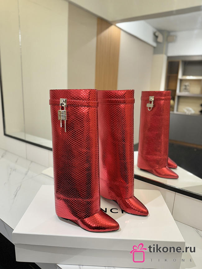 Givenchy Shark Lock Boots In Snake Effect Leather Red - 1
