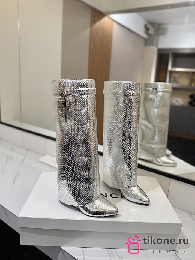 Givenchy Shark Lock Boots In Snake Effect Leather Silver - 1