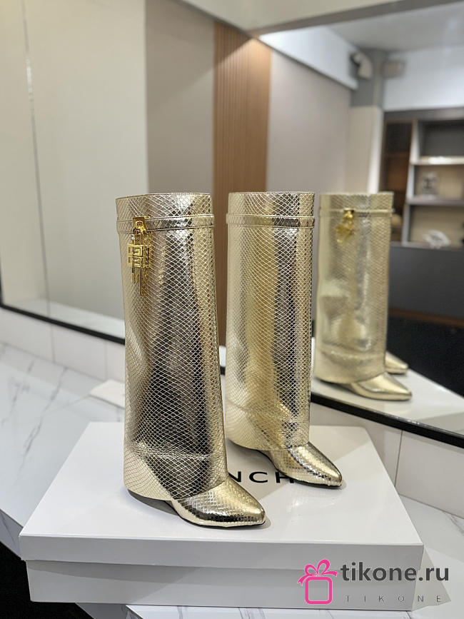 Givenchy Shark Lock Boots In Snake Effect Leather Gold - 1