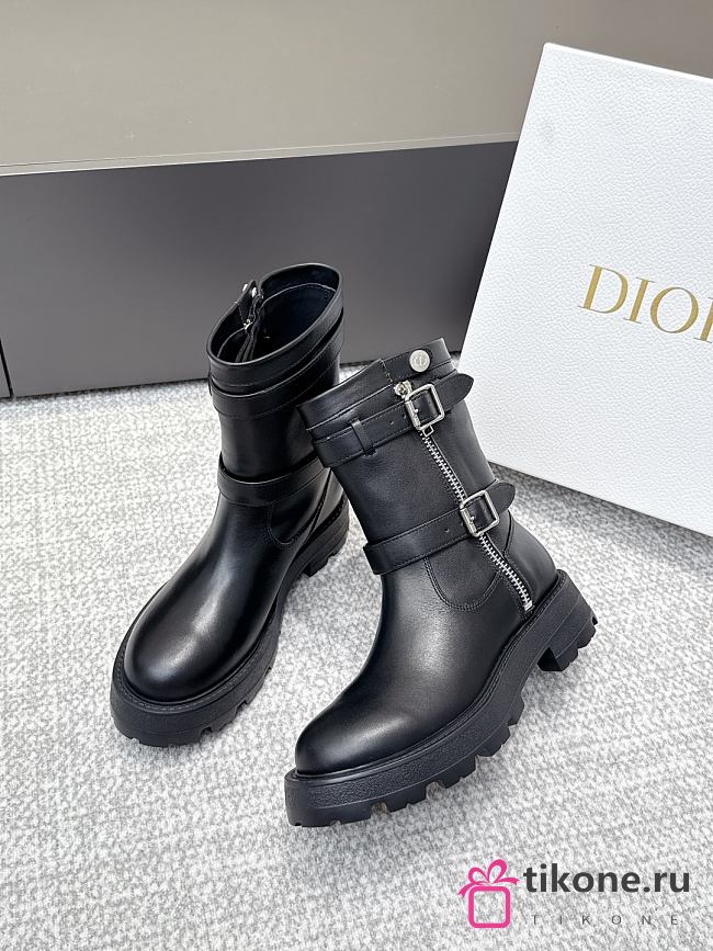 Dior D-Major Ankle Boot Black Calfskin and Black and White Technical Fabric - 1