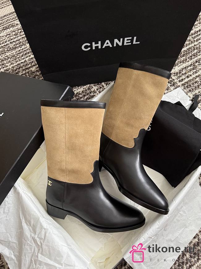 Chanel Mid-Calf Boots Suede Calfskin & Calfskin Brown Black 3.5cm - 1