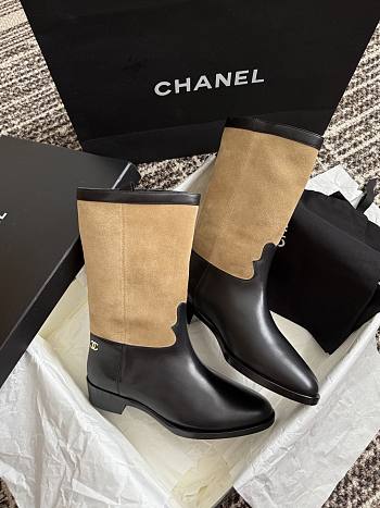 Chanel Mid-Calf Boots Suede Calfskin & Calfskin Brown Black 3.5cm