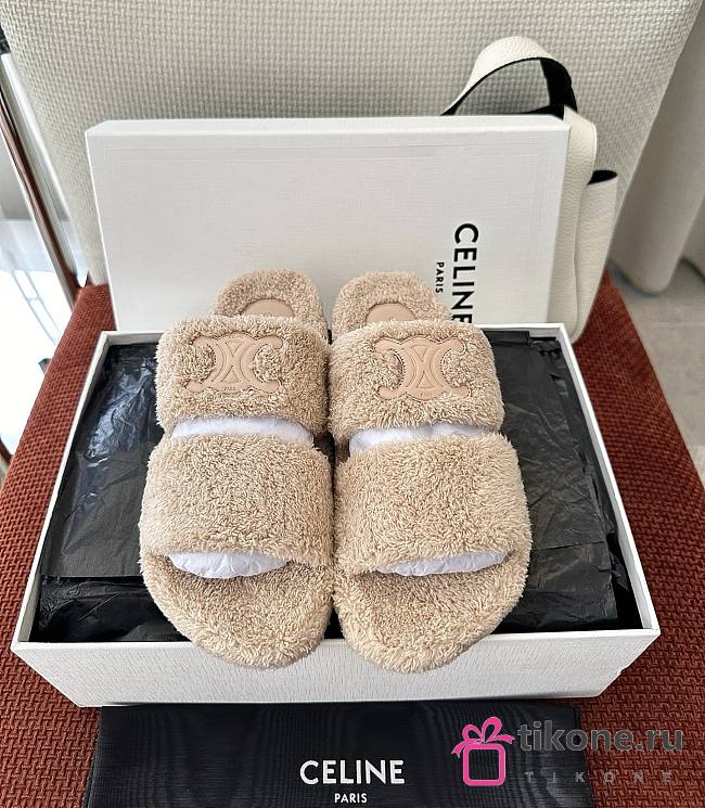 Celine Slides Triomphe In Shearling Beige - 1