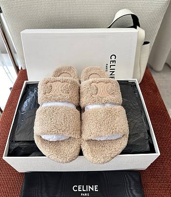 Celine Slides Triomphe In Shearling Beige
