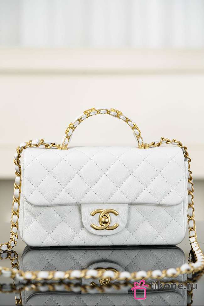 Chanel Mini Flap Bag with Top Handle Grained Shiny Calfskin & Gold Tone Metal White - 19.5x12x6.5cm - 1