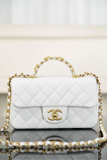 Chanel Mini Flap Bag with Top Handle Grained Shiny Calfskin & Gold Tone Metal White - 19.5x12x6.5cm