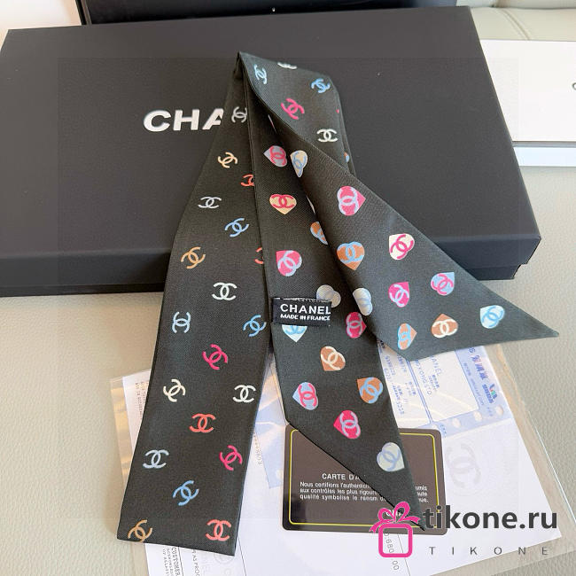 Chanel Silk Heart CC Slim Bandeau Scarf Black - 6x120cm - 1