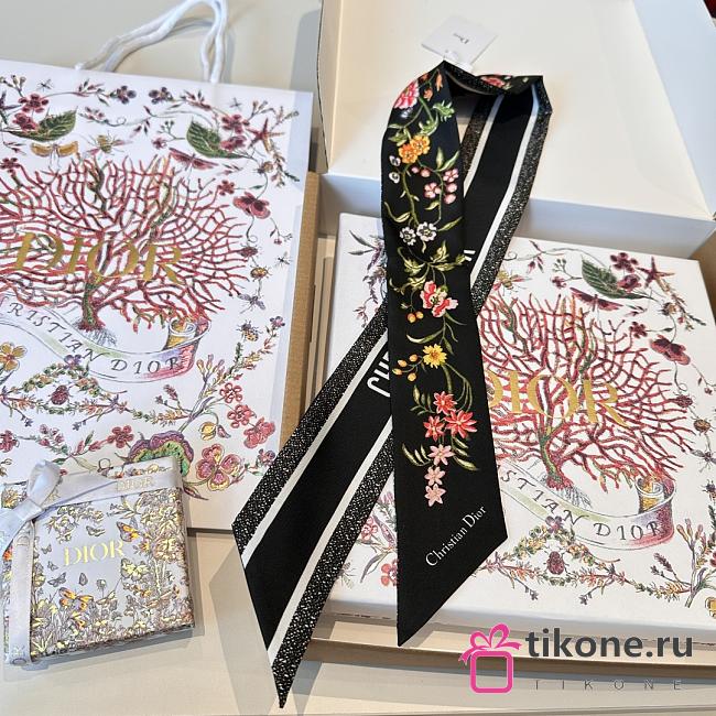 Dior D-Floral Mitzah Scarf Deep Blue Multicolor Silk Twill Black - 6x108cm - 1