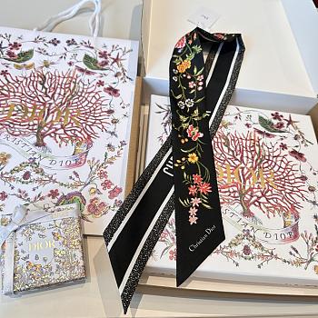 Dior D-Floral Mitzah Scarf Deep Blue Multicolor Silk Twill Black - 6x108cm