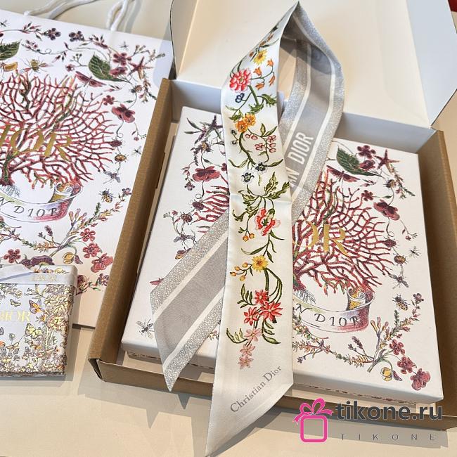 Dior D-Floral Mitzah Scarf Deep Blue Multicolor Silk Twill White - 6x108cm - 1