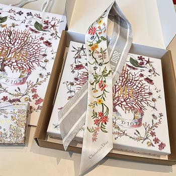 Dior D-Floral Mitzah Scarf Deep Blue Multicolor Silk Twill White - 6x108cm