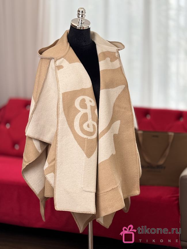 Burberry EKD-motif Hooded Wool Cape Natural - 176x120cm - 1