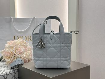 Small Dior Toujours Vertical Tote Bag Light Blue Macrocannage Calfskin - 18x16x12cm