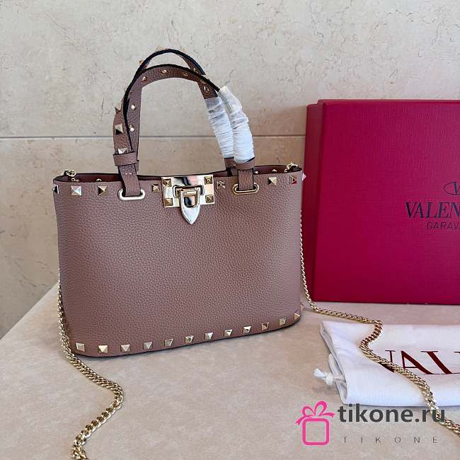 VLTN Rockstud Mini Shopping Bag In Grainy Calfskin Nude - 18.5x12.5x5.5cm - 1