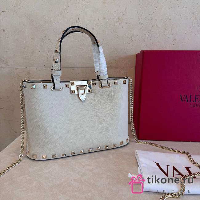 VLTN Rockstud Mini Shopping Bag In Grainy Calfskin White - 18.5x12.5x5.5cm - 1