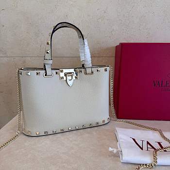 VLTN Rockstud Mini Shopping Bag In Grainy Calfskin White - 18.5x12.5x5.5cm