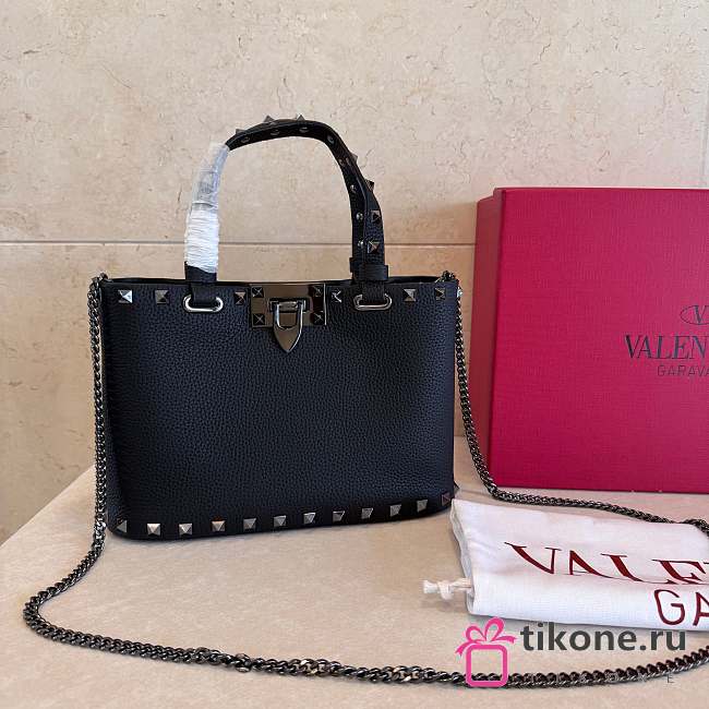 VLTN Rockstud Mini Shopping Bag In Grainy Calfskin Black - 18.5x12.5x5.5cm - 1