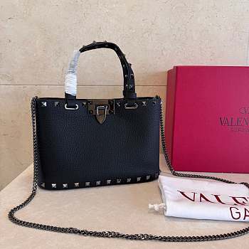 VLTN Rockstud Mini Shopping Bag In Grainy Calfskin Black - 18.5x12.5x5.5cm