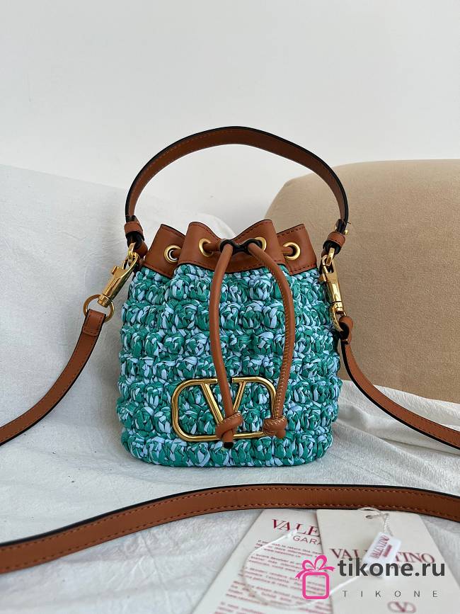 VLTN Vlogo Signature Mini Bucket Bag In Raffia Crochet Green/Azure/Camel - 16x18x11cm - 1