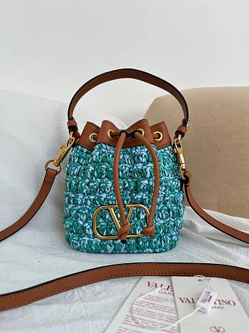 VLTN Vlogo Signature Mini Bucket Bag In Raffia Crochet Green/Azure/Camel - 16x18x11cm