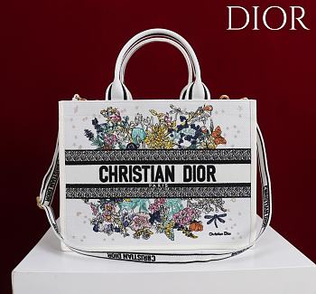Dior Lucky Medium Dior Book Tote White Multicolor Dior Zodiac Flowers Embroidery and White Calfskin - 36.5x28x16.5cm