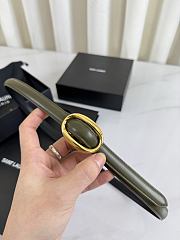 YSL Oval Buckle Thin Belt In Smooth Leather 1.5cm Gold Hardware Green  - 2