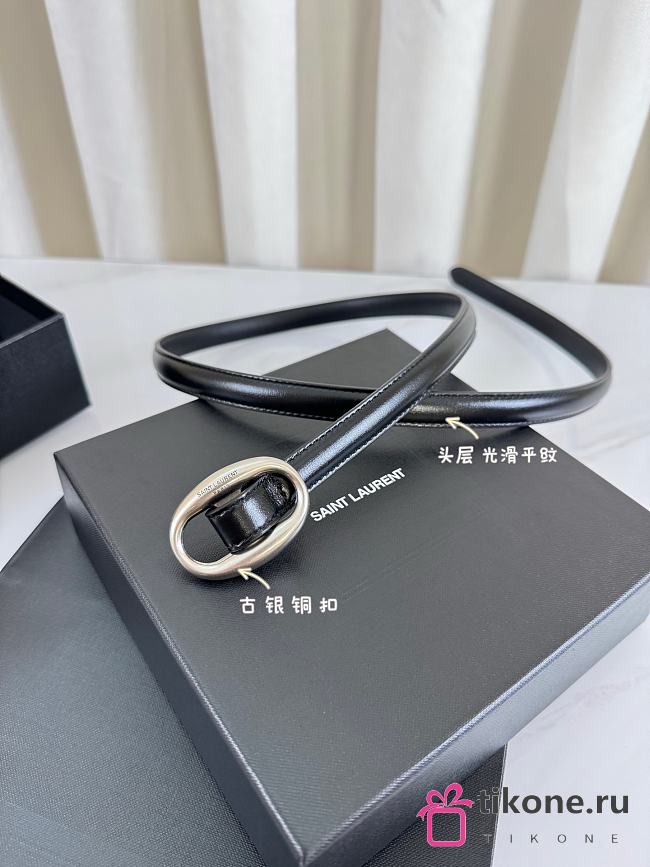 YSL Oval Buckle Thin Belt In Smooth Leather 1.5cm Silver Hardware Black - 1