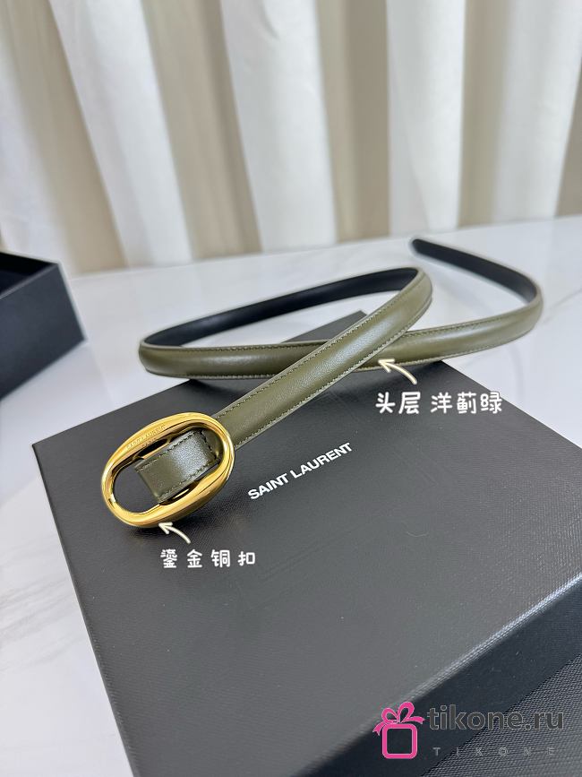 YSL Oval Buckle Thin Belt In Smooth Leather 1.5cm Gold Hardware Green  - 1