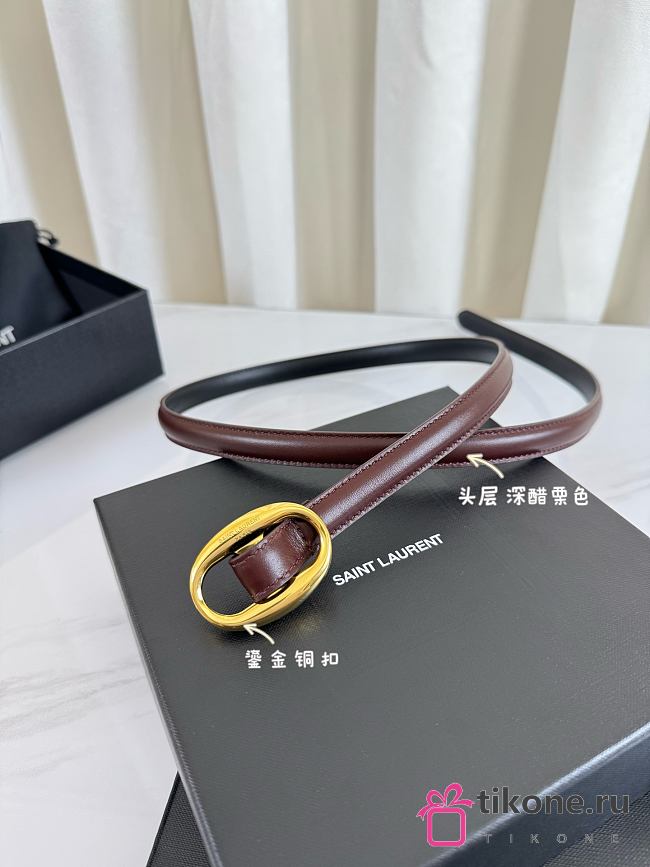 YSL Oval Buckle Thin Belt In Smooth Leather 1.5cm Gold Hardware Brown - 1