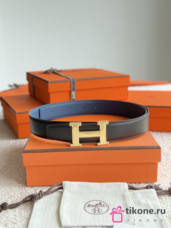 Hermes H Striee Belt Buckle & Reversible Leather Strap 32mm Box Togo Black/Blue Gold  - 1