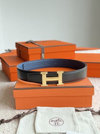 Hermes H Striee Belt Buckle & Reversible Leather Strap 32mm Box Togo Black/Blue Gold 