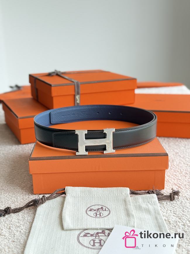 Hermes H Striee Belt Buckle & Reversible Leather Strap 32mm Box Togo Black/Blue Silver - 1