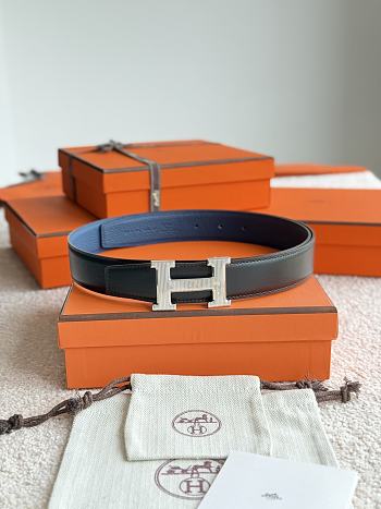 Hermes H Striee Belt Buckle & Reversible Leather Strap 32mm Box Togo Black/Blue Silver