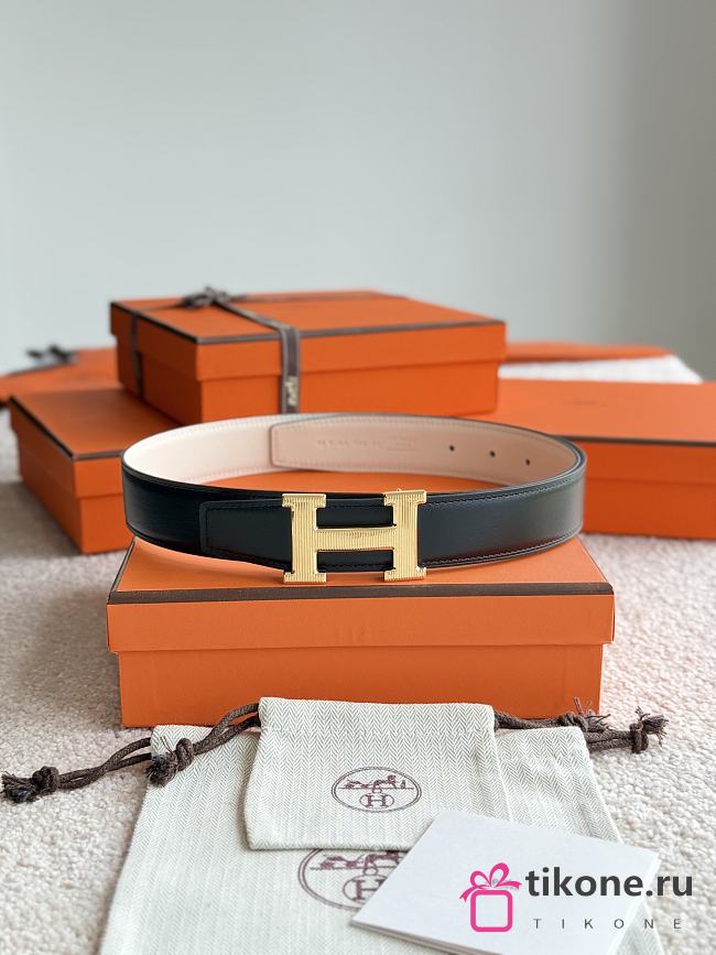 Hermes H Striee Belt Buckle & Reversible Leather Strap 32mm Box Togo Black/White Gold - 1