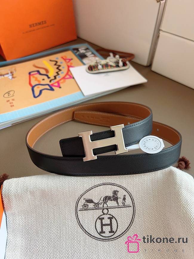 Hermes Mini Constance Martelee Belt Buckle & Reversible Leather Strap 24mm Swift Epsom Black/Brown Silver - 1