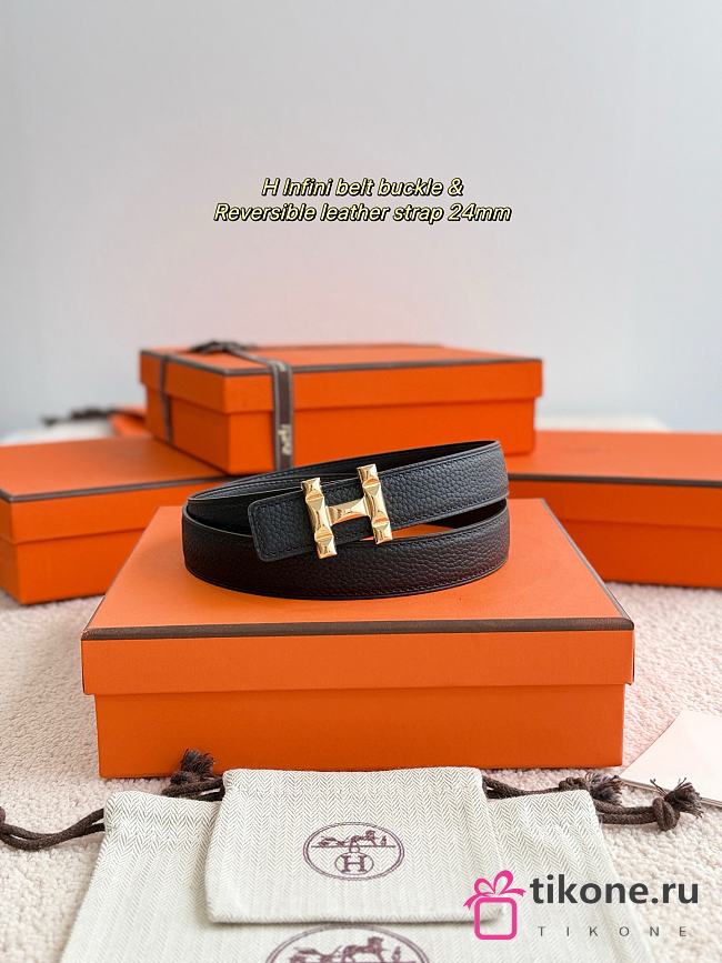 Hermes H Infini Belt Buckle & Reversible Leather Strap 24mm Swift Epsom Black Gold - 1