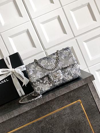 Chanel Evening Bag Quilted Sequins & Silver Tone Metal Silver - 20x10x7cm