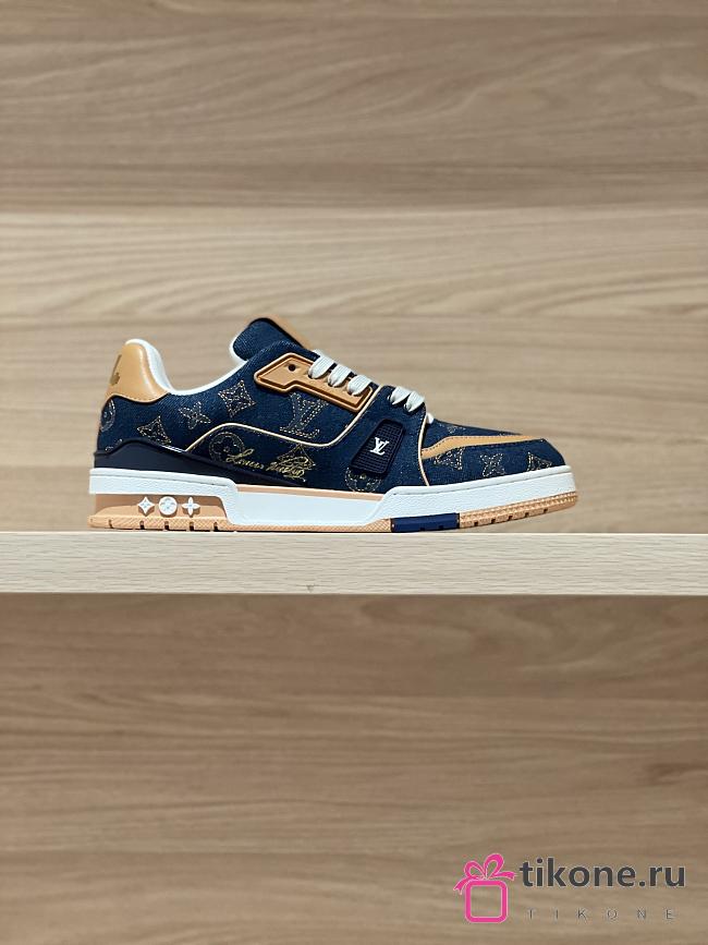 LV Trainer Sneaker Blue Plain Calf Leather Monogram Embroidered Denim 1AJ365  - 1