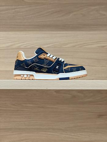 LV Trainer Sneaker Blue Plain Calf Leather Monogram Embroidered Denim 1AJ365 