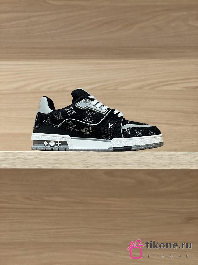 LV Trainer Sneaker Black Plain Calf Leather Monogram Embroidered Denim 1AJ345 - 1