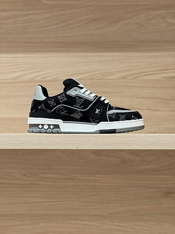 LV Trainer Sneaker Black Plain Calf Leather Monogram Embroidered Denim 1AJ345