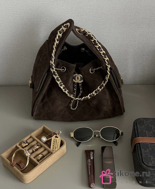 Chanel 25 Handbag Small Suede Gold Tone Metal Brown - 30x26x14cm - 1