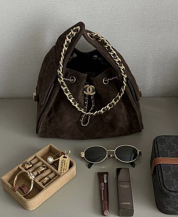 Chanel 25 Handbag Small Suede Gold Tone Metal Brown - 30x26x14cm