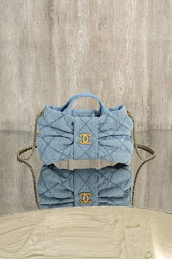 Chanel Mini Bow Bag Washed Denim & Gold Tone Metal Blue - 26x18x5cm