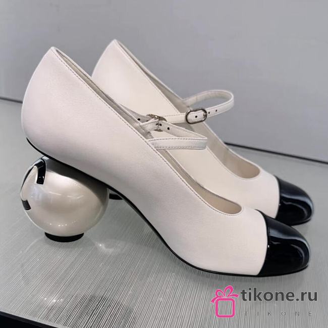 Chanel Mary Janes Lambskin Patent Calfskin & Imitation Pearls White & Black - 1