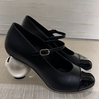 Chanel Mary Janes Lambskin Patent Calfskin & Imitation Pearls Black & White