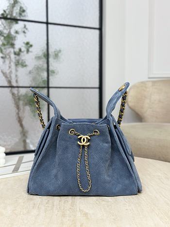Chanel 25 Handbag Small Suede Gold Tone Metal Blue - 30x26x14cm