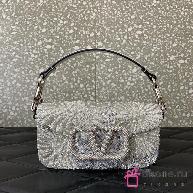 Valentino Garavani Small Lòco Embellished Shoulder Bag Silver - 20x11x5cm - 1