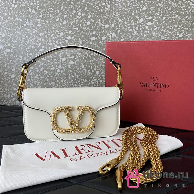 Valentino Garavani Locò Small Shoulder Bag In Calfskin With Jewel Logo White - 20x11x5cm - 1