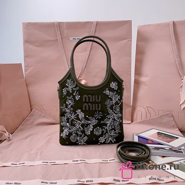 Miumiu Ivy Embroidered Gabardine Bag Olive Green 5BA281 - 24x20cm - 1